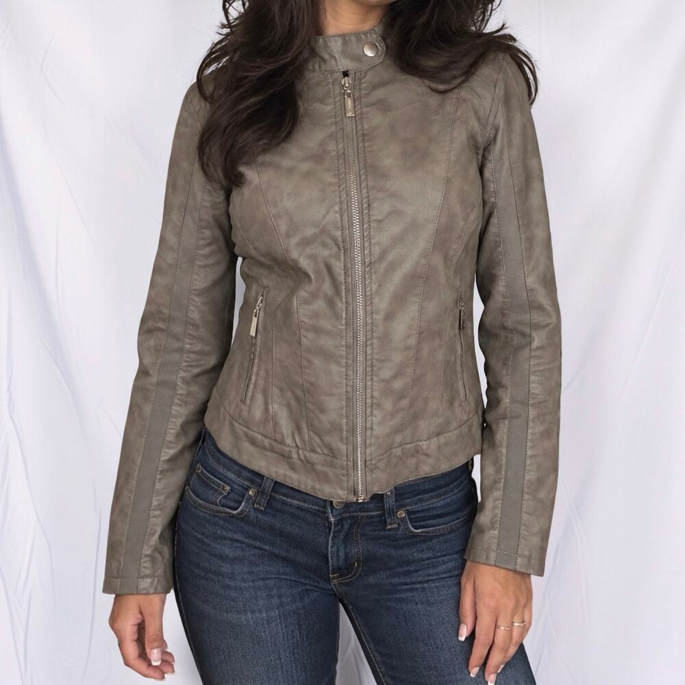 JouJou Taupe Faux Leather Racer Moto Jacket Zip Pockets Size Medium